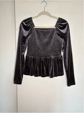 GAP Velvet Smocked Peplum Top Long Puff Sleeve Square Neck Brown Noir Size